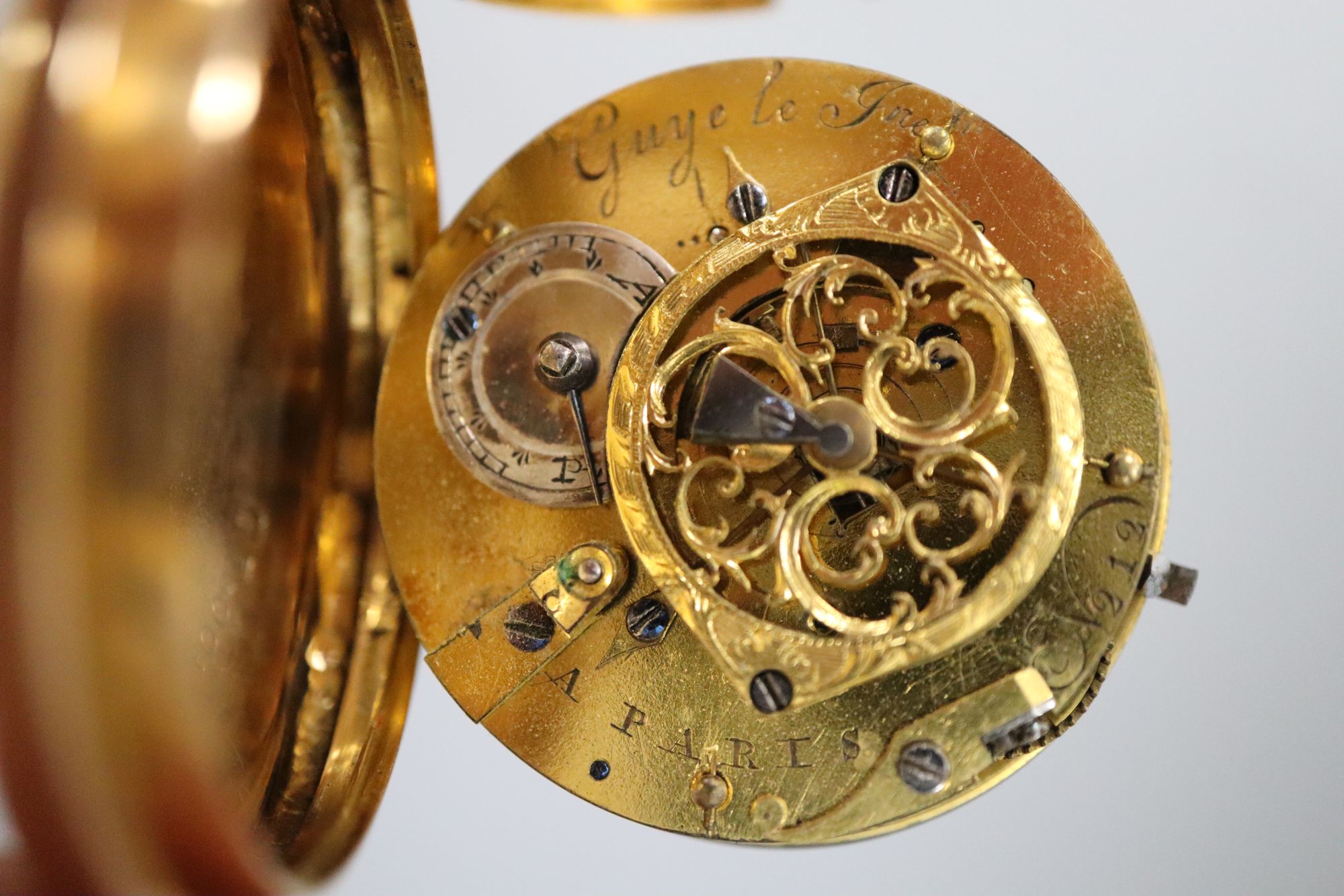 A 19th century French yellow metal open face keywind pocket watch by Guye le Jne? a Paris,